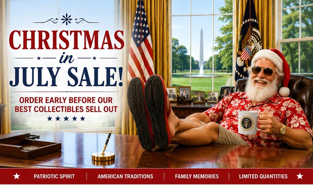 Christmas in July Sale for White House Christmas ornaments and patriotic collectibles